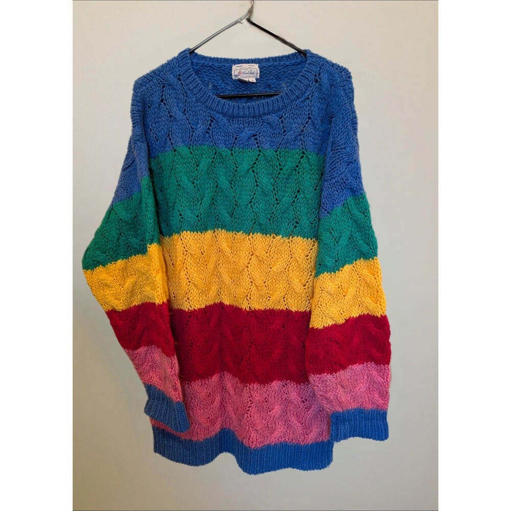Vintage Windcrest Oversized Chunky Hand Knit Acrylic Sweater Rainbow Medium